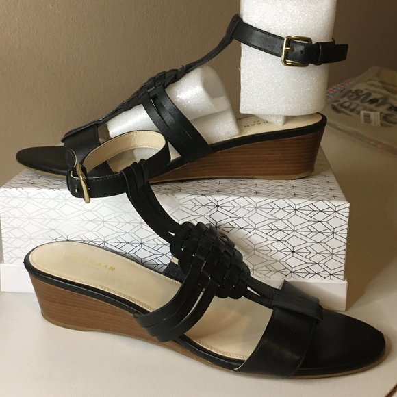 COLE HAAN "Findra" Black Leather Woven Slide Wedge Sandal | Size 9B - Picture 3 of 15